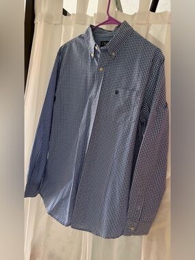 Chaps Men’s Navy and White Gingham Button-Down Dress Shirt